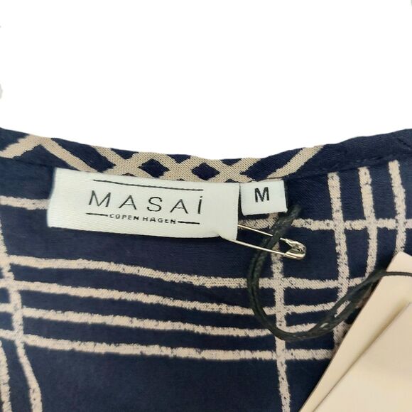 MASAI Copenhagen Narcelle Midi Dress Womens Medium Navy V-Neck Check Academia - Picture 8 of 12